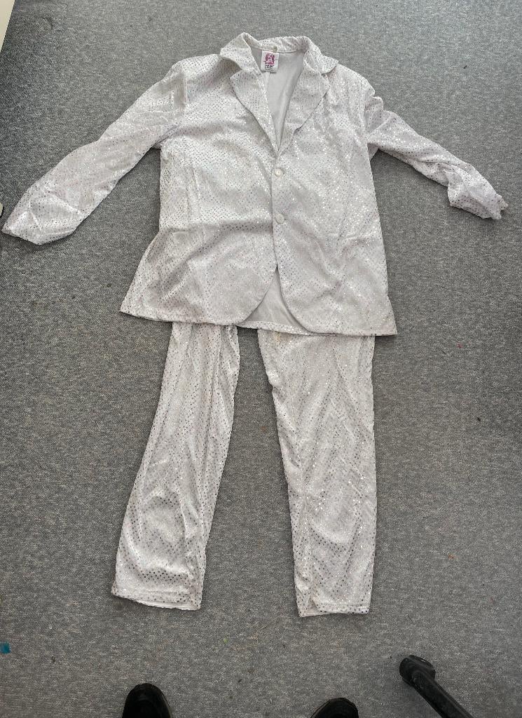 Wit show pak dames met glitterblouse, boa en leuk hoedje, Maat 38/40 (M), Carnaval, Zo goed als nieuw, Kleding
