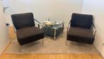 2 grijze fauteuils + glazen tafel (chroom), Ophalen, 75 tot 100 cm, Stof, 50 tot 75 cm