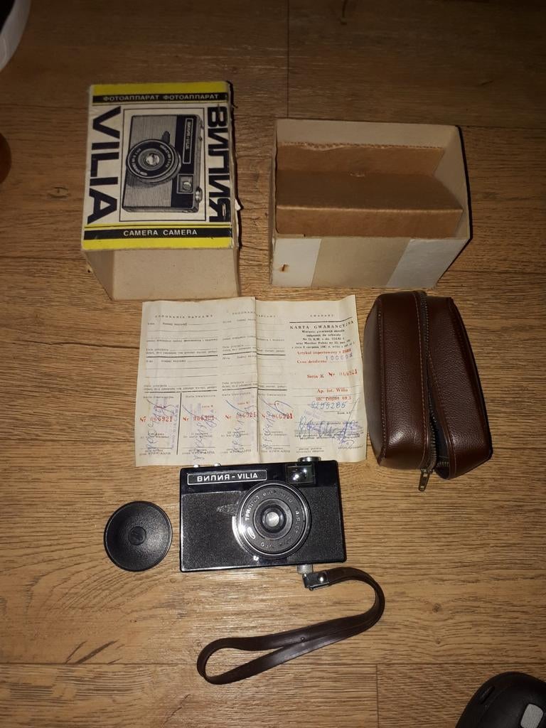 Oud foto toestel met doos en opbergtasje van leer, Ophalen of Verzenden, Spiegelreflex, Overige Merken