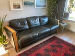Vintage 3-zitsbank zwart leer met houtinleg, Ophalen, Gebruikt, Vintage, Driepersoons