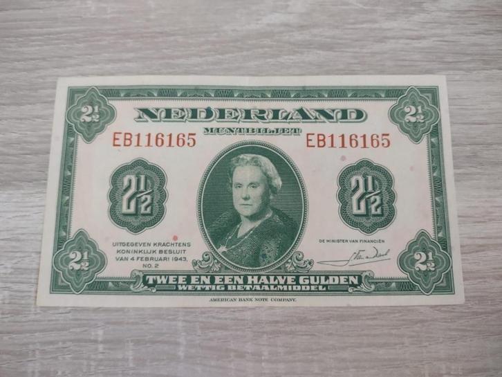 Heel mooi biljet 2,5 gulden 1943 Wilhelmina, Prachtig+, Postzegels en Munten, Bankbiljetten | Nederland, 1 gulden, Ophalen of Verzenden