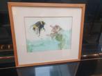 prachtige aquarel Nico Benschop Hommel en paarse dovenetel, Antiek en Kunst, Ophalen