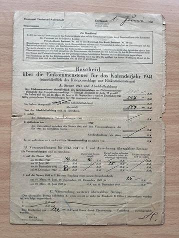 WO2 DUITS Aangifteformulier inkomstenbelasting 1941 ingevuld beschikbaar voor biedingen