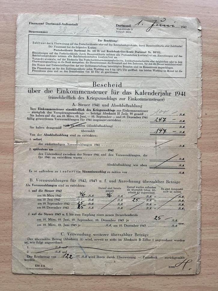 WO2 DUITS Aangifteformulier inkomstenbelasting 1941 ingevuld, Verzamelen, Militaria | Tweede Wereldoorlog, Overige soorten, Overige typen