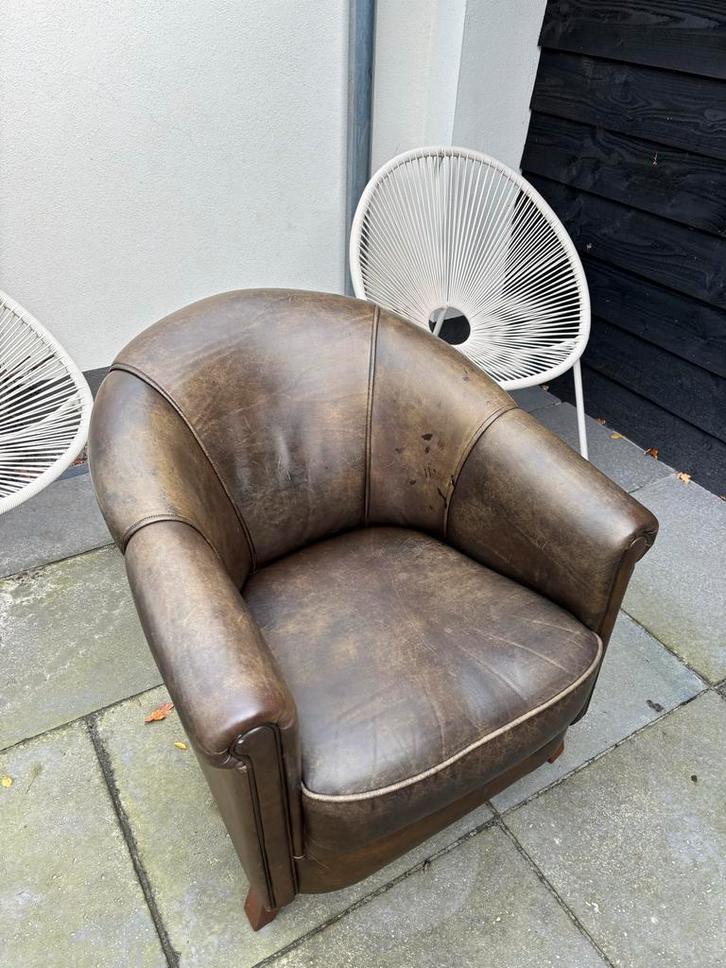 Prachtige schaapslederen mosgroen | bruine clubfauteuil, Huis en Inrichting, Fauteuils, Gebruikt, Leer, 75 tot 100 cm, 75 tot 100 cm