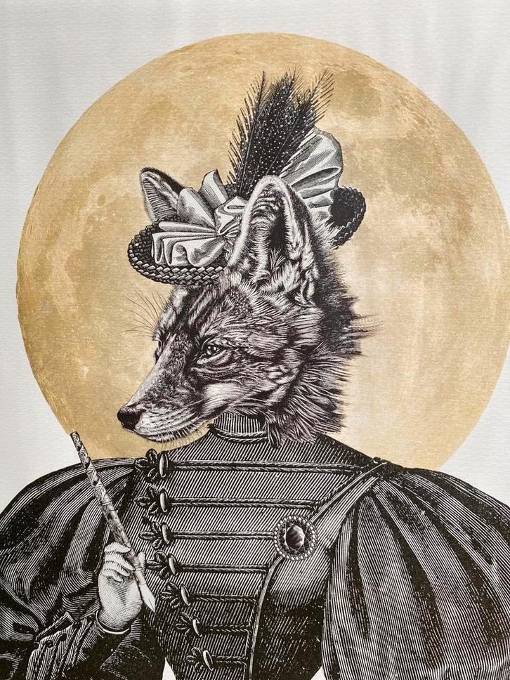 Poster Moon Fox Gwen Aspall ( gekreukt, zonder lijst) 40 50, Verzamelen, Posters, Gebruikt, A1 t/m A3, Met lijst, Ophalen