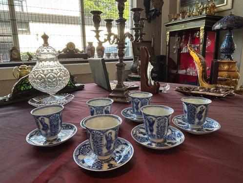 Set 6 st. eierschaal porselein blauwe theekopjes & schotel, Antiek en Kunst, Antiek | Keukenbenodigdheden, Ophalen of Verzenden