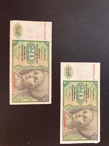 2x 20 Deutsche Mark Bankbiljetten - Set beschikbaar voor biedingen