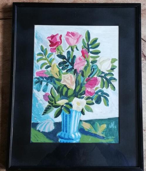 Naïef Stilleven. Rozen. Gouache.Sign. 34/43 cm. 1941., Huis en Inrichting, Woonaccessoires | Schilderijen, Tekeningen en Foto's
