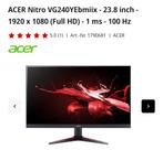 Acer nitro vg240 24 inch 100 HZ 1ms, Computers en Software, Monitoren, Ophalen of Verzenden, IPS, Zo goed als nieuw