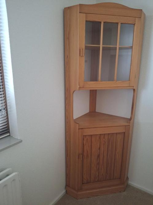 Grenen Houten Vitrinekast.( Hoek), Huis en Inrichting, Kasten | Vitrinekasten, Gebruikt, 50 tot 100 cm, 25 tot 50 cm, Glas, Ophalen