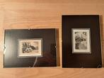 2x mooie afdruk, kleine tekening of gravure in passe-partout, Ophalen of Verzenden