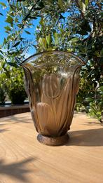 Art-Deco gefumeerde persglazen vaas met tulpen decor, Ophalen of Verzenden
