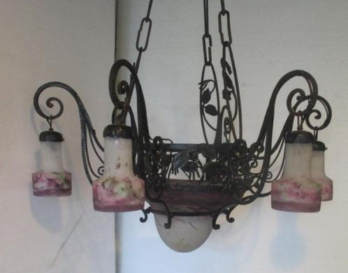 monumentale art deco luster Muller freres zes kappen 32, Antiek en Kunst, Antiek | Lampen, Ophalen