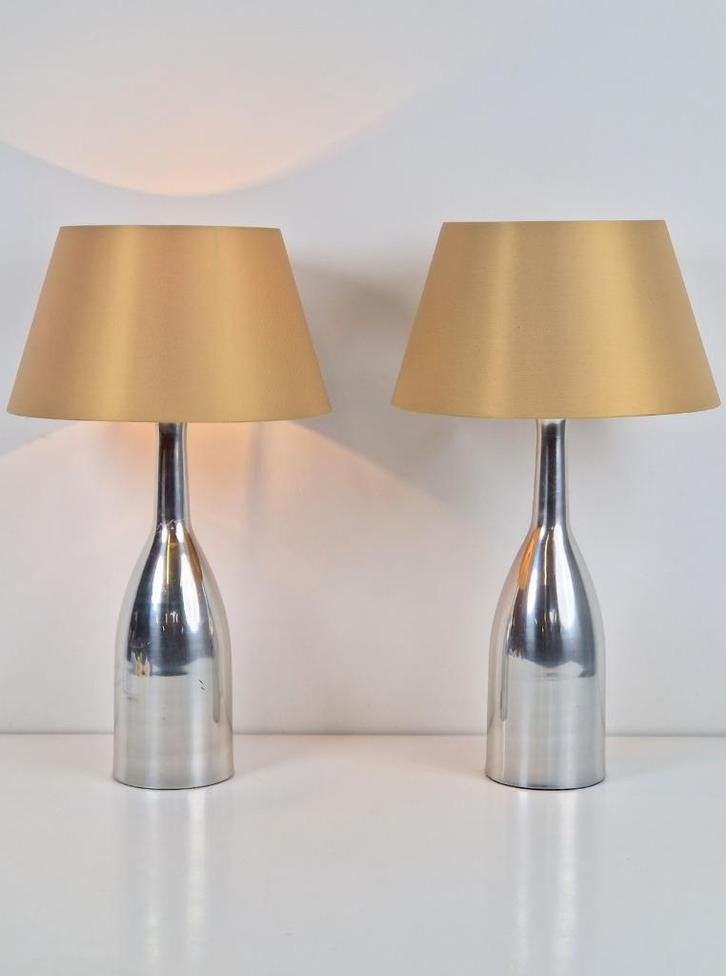 Set 2 Vintage bottleTafellamp Design Zilver Lamp ‘70 metaal, Huis en Inrichting, Lampen | Tafellampen, Gebruikt, Minder dan 50 cm