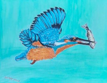 Schilderij IJsvogel met visje in kleurrijk acryl op canvas beschikbaar voor biedingen