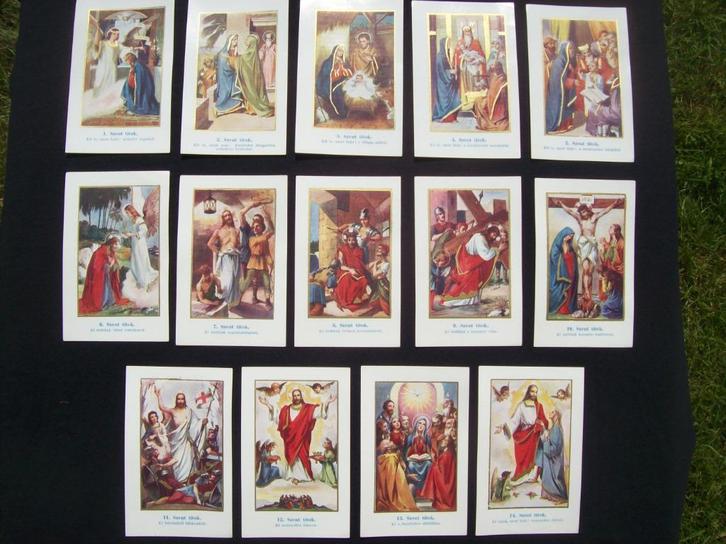 Serie religieuze plaatjes tekst Hongarije Katholiek jaren 50, Verzamelen, Religie, Zo goed als nieuw, Christendom | Katholiek