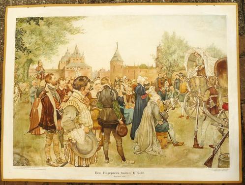 Oude schoolplaat van 1920 met een Hagepreek bij Utrecht, Antiek en Kunst, Antiek | Schoolplaten, Geschiedenis, Ophalen of Verzenden