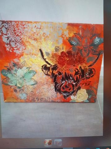 Schotse Hooglander, rood, oranje, geel, acrylverf op canvas beschikbaar voor biedingen