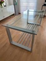 Moderne glazen eettafel met metalen poot, Vijf personen of meer, 150 tot 200 cm, Modern, Rechthoekig