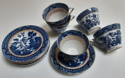 Antiek porselein: 5 kop, 6 schotel (Booths Real Old Willow), Antiek en Kunst, Antiek | Servies los, Ophalen of Verzenden