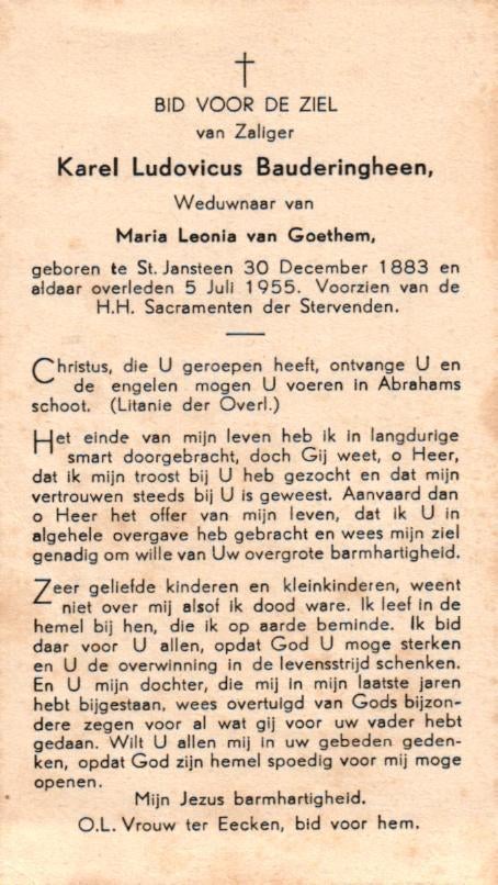 Bauderingheen Karel Ludovicus 1883 St.Jansteen 1955, Verzamelen, Ophalen of Verzenden