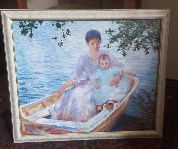 Moeder met Kind in Boot Russisch kunstenaar., Antiek en Kunst, Kunst | Schilderijen | Klassiek, Ophalen of Verzenden