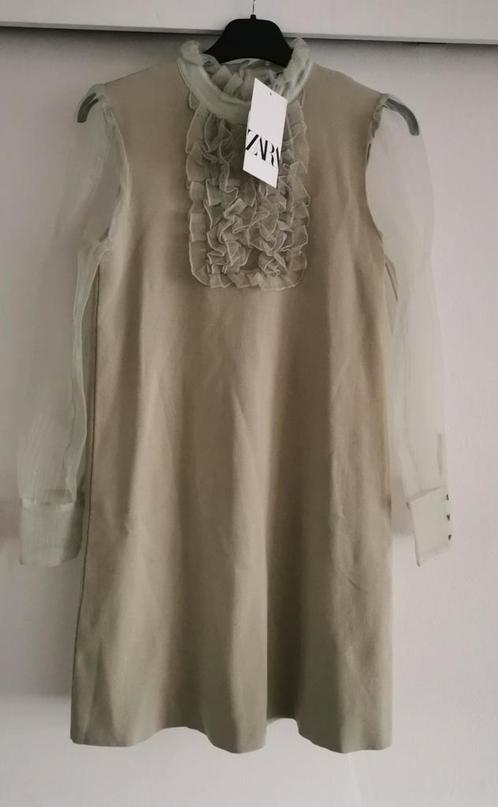 ZARA tricot jurk met organza mt. S, Kleding | Dames, Jurken, Nieuw, Maat 36 (S), Groen, Boven de knie, Verzenden