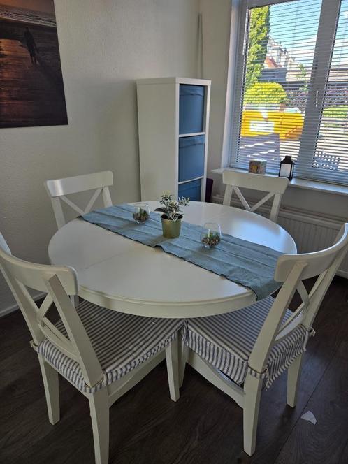 Witte eettafel 4-6 persoons met stoelen, Huis en Inrichting, Tafels | Eettafels, Gebruikt, 100 tot 150 cm, 100 tot 150 cm, Vijf personen of meer