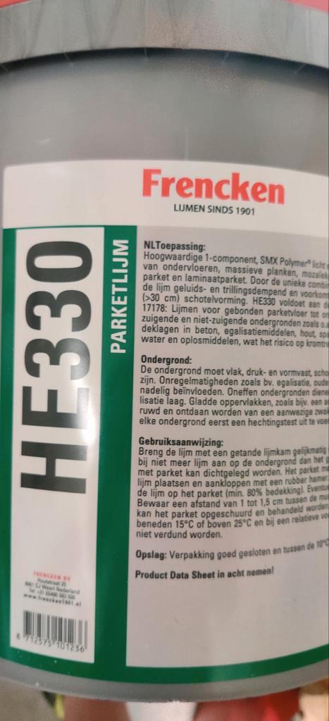 Frencken HE330 Parketlijm - Ruim Halve Emmer, Doe-het-zelf en Verbouw, Overige Doe-het-zelf en Verbouw, Gebruikt, Ophalen