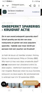 Voucher onbeperkt spareribs eten bij de Beren, Tickets en Kaartjes, Eén persoon, Kortingsbon, Overige typen