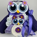 Luiertaart uil Luieruil meisje donker paars lavendel, Ophalen of Verzenden, Nieuw, Kraamcadeau