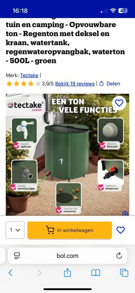 Tectake Regenton 500L - Groen, Tuin en Terras, Regentonnen, Nieuw, Kunststof, 150 liter of meer, Met kraantje, Ophalen