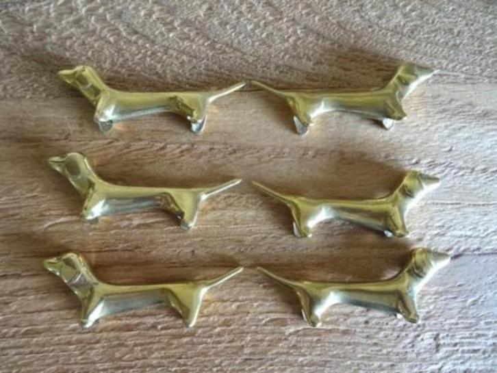 6 prachtige messing bestekhouders: Teckel, Dashond. Vintage, Antiek en Kunst, Antiek | Koper en Brons, Verzenden