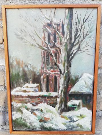 Gerrit Pas, Besneeuwd kerkje. Olie/doek. 25/36 cm  beschikbaar voor biedingen