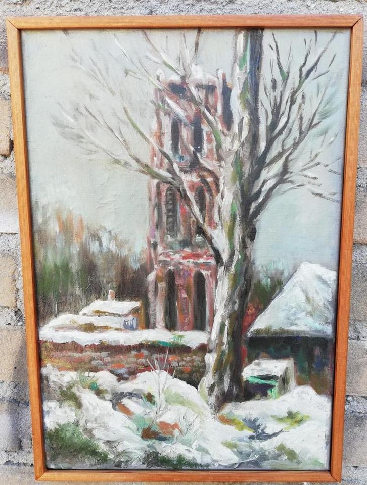 Gerrit Pas, Besneeuwd kerkje. Olie/doek. 25/36 cm, Huis en Inrichting, Woonaccessoires | Schilderijen, Tekeningen en Foto's, Zo goed als nieuw