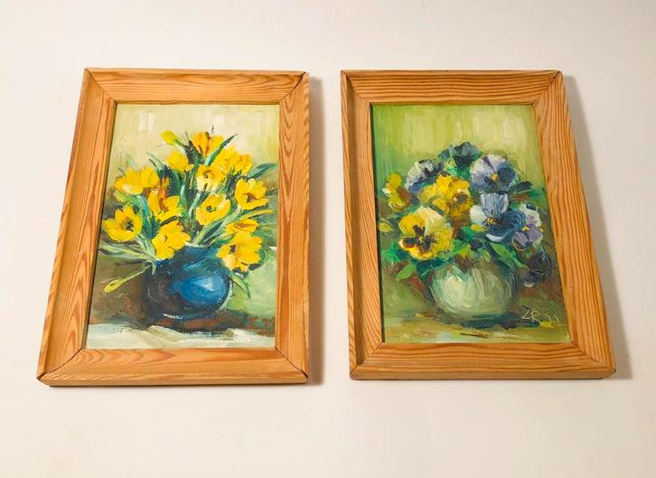 Twee mooie schilderijtjes, violen en krokussen, handgemaakt, Antiek en Kunst, Kunst | Schilderijen | Klassiek, Verzenden