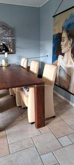 Set van 6 creme lederen eetkamerstoelen, Huis en Inrichting, Stoelen, Gebruikt, Overige kleuren, Hout, Ophalen of Verzenden