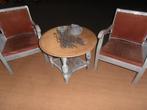2 stoelen met tafel whitewas van hout/riet en stof, Huis en Inrichting, Stoelen, Twee, Gebruikt, Ophalen, Riet of Rotan