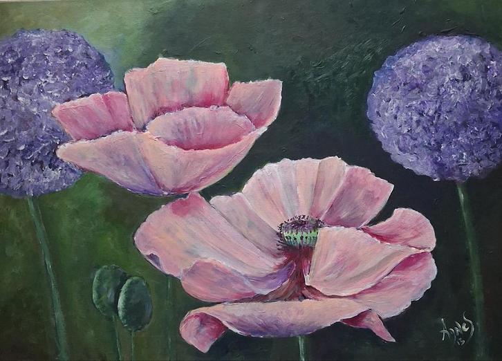 Bloemen acrylverf schilderij, Antiek en Kunst, Kunst | Schilderijen | Klassiek, Ophalen of Verzenden