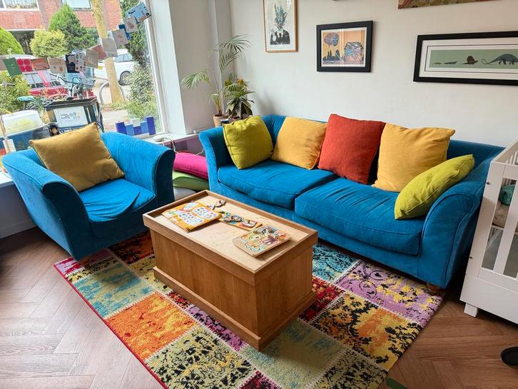 Italiaanse Robuuste BLAUWE Bank, Huis en Inrichting, Banken | Bankstellen, Gebruikt, Rechte bank, Driepersoons, 200 tot 250 cm