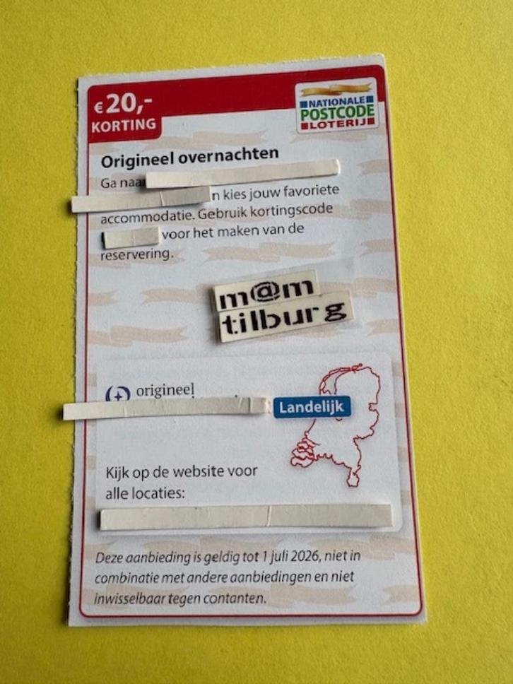 Origineel overnachten €20,- korting, Tickets en Kaartjes, Kortingen en Cadeaubonnen, Drie personen of meer, Overige typen, Kortingsbon