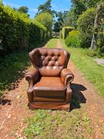 Chesterfield cognac lederen fauteuil., Ophalen, Gebruikt, 75 tot 100 cm, Leer