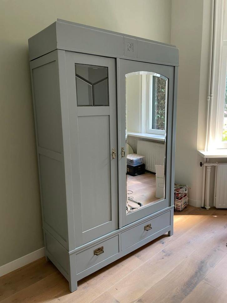 Mooie antieke kledingkast met spiegel, planken en lades, Huis en Inrichting, Kasten | Kledingkasten, Gebruikt, 150 tot 200 cm