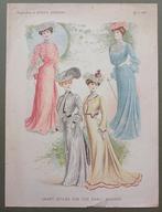2 oude modeprenten dames met jurken rond 1900, Gebruikt, Verzenden, Voor 1940, Prent