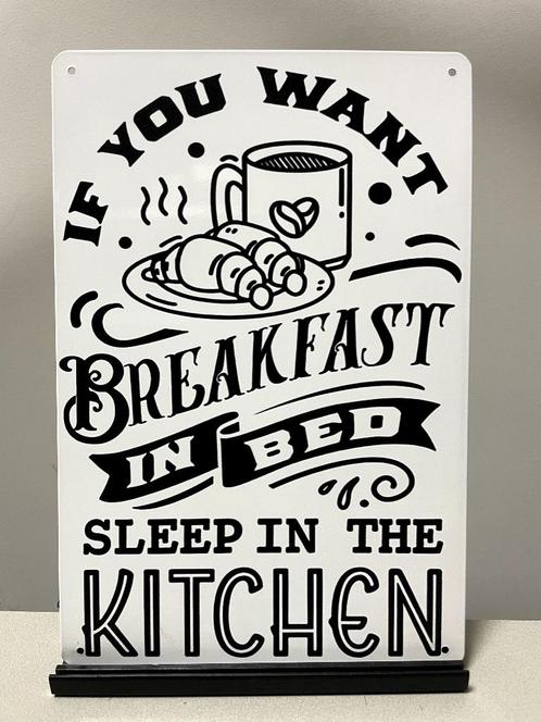 Breakfast in bed metalen tekstbord, Huis en Inrichting, Woonaccessoires | Tekstborden en Spreuken, Nieuw, Ophalen of Verzenden
