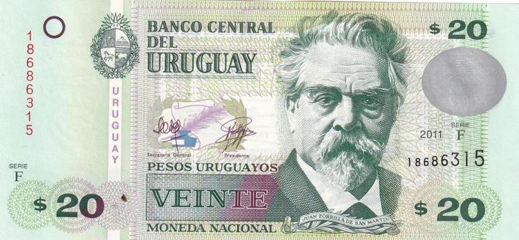 Uruguay 20 pesos uruguayos 2011, Postzegels en Munten, Bankbiljetten | Amerika, Los biljet, Zuid-Amerika, Verzenden