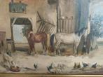 Oud olieverf stalinterieur paarden,kippen,geit, Ophalen of Verzenden