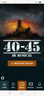 Musical 40-45 (2 tickets+parkeerticket) zondag 28 september, Tickets en Kaartjes, Theater | Musical, Twee personen, September