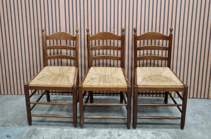 3 x Vintage bohemian stoelen knopstoelen riet hout retro, Huis en Inrichting, Stoelen, Zo goed als nieuw, Vijf, Zes of meer stoelen